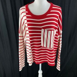 Cabi 5635 L Oversized Pocket Pullover Sweater Colorblock Red White Stripe Cotton